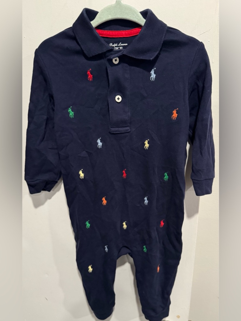 Ralph Lauren 12M Baby Boys Schiffli Cotton Coverall Pony Interlock blue multi